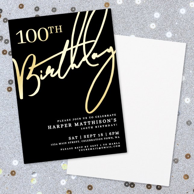Invitation En Aluminium Noir 100e Anniversaire Or (Black 100th Birthday Gold Foil Invitation)
