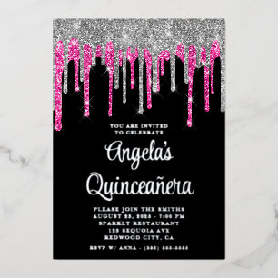 Invitation En Aluminium Noir Argent Glitter Rose Profond Drips Quinceañera
