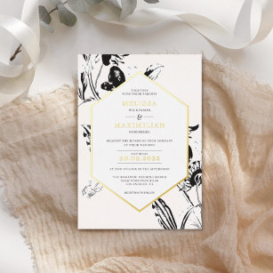 Invitation En Aluminium Noir & Blanc floral géométrique cadre or