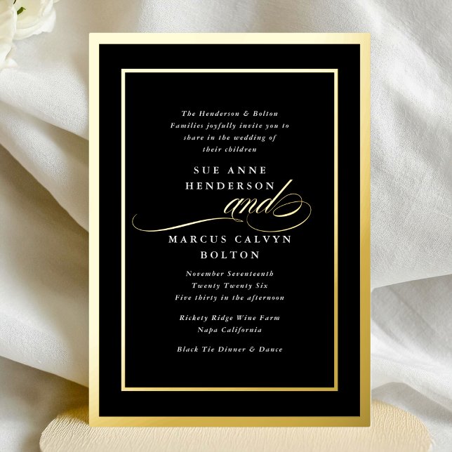 Invitation En Aluminium Noir Blanc Formelle Calligraphie Or Mariage Cadre (Créateur téléchargé)