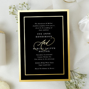 Invitation En Aluminium Noir & Blanc Moderne Calligraphie Mariage Or