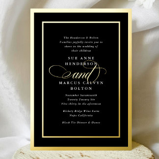 Invitation En Aluminium Noir Blanc Premium Calligraphie Gold Frame Mariage