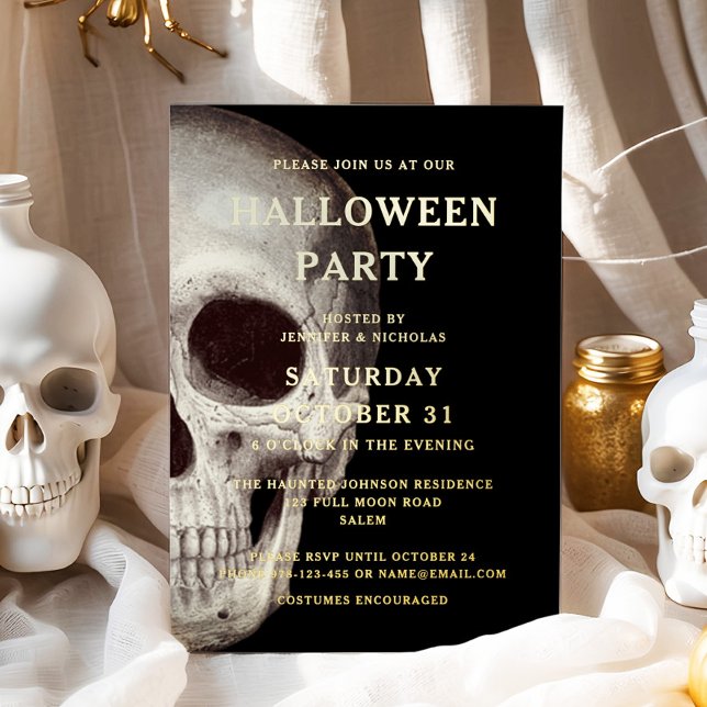 Invitation En Aluminium Noir Crâne d'horreur Adulte Halloween Or (Black Scary Skull Adult Halloween Gold Foil Invitation)