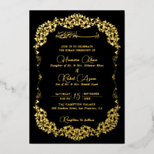 Invitation En Aluminium Noir doré artistique floral paisley mariage musulm