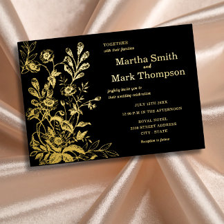 Invitation En Aluminium Noir Élégant Floral Vintage Botanique Or