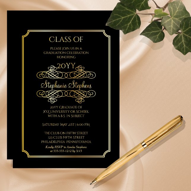 Invitation En Aluminium Noir élégant | Gold University Graduation Party (Elegant Black College or University Graduation Announcement and Party Gold Foil Invitation)