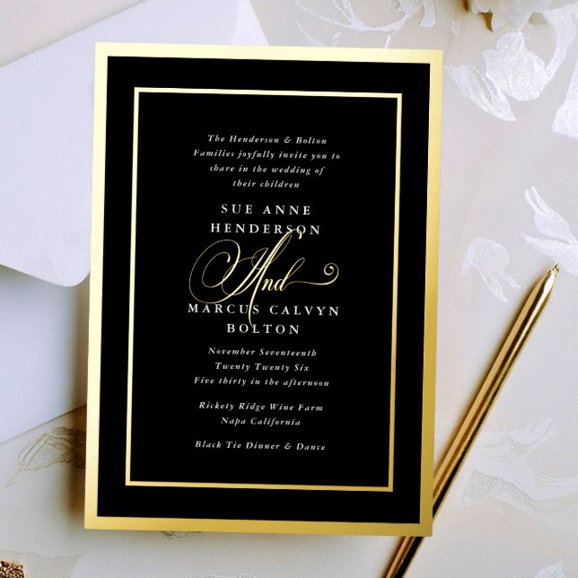 Invitation En Aluminium Noir et blanc Fancy Calligraphie Mariage or (Créateur téléchargé)