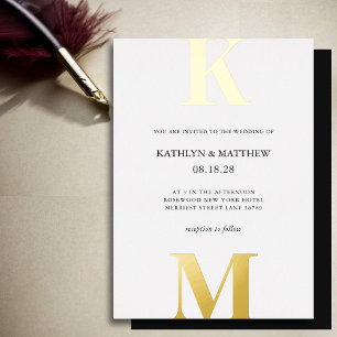 Invitation En Aluminium Noir et blanc Or moderne Gras Monogramme Mariage