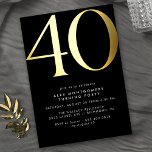 Invitation En Aluminium Noir et or cool | Femme ou Homme 40e anniversaire<br><div class="desc">Style minimaliste moderne invitations à 40e anniversaire avec titre "40" texte en vrai papier métallique. Les détails de votre événement sont imprimés en blanc mat. Noir aux accents dorés.</div>