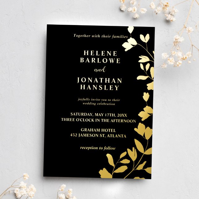 Invitation En Aluminium Noir Et Or Floral Moderne Mariage Élégant (Black And Gold Floral Modern Elegant Wedding Foil Invitation)