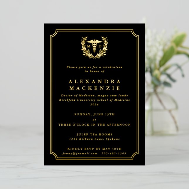 Invitation En Aluminium Noir MD Caduceus+Laurel Wreath Graduation (Debout devant)