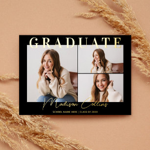 Invitation En Aluminium Noir moderne 3 Photo Graduation Gold