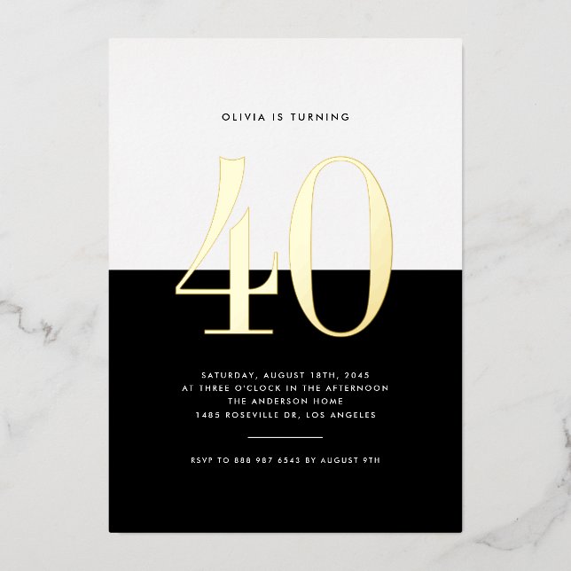 Invitation En Aluminium Noir moderne et blanc 40e anniversaire Gold Foil (Recto)