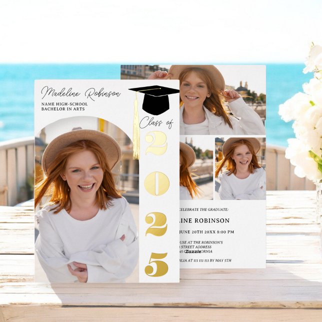 Invitation En Aluminium Noir moderne et or 4 photos Graduation (Modern black and gold 4 photos Graduation Foil Invitation)