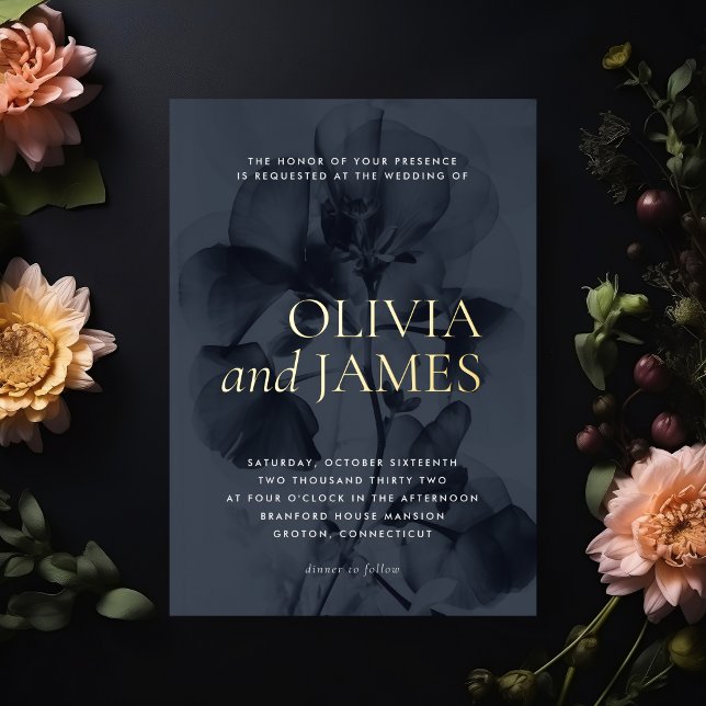 Invitation En Aluminium Noir Moody Botanique Élégant Mariage Or (Créateur téléchargé)
