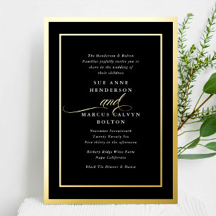 Invitation En Aluminium Noir Onyx Calligraphie Formelle Mariage Cadre Or