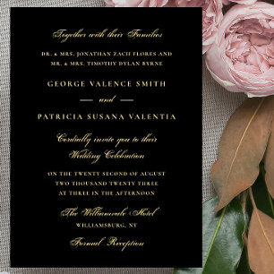 Invitation En Aluminium Noir Or Calligraphie Formale Mariage Élégant