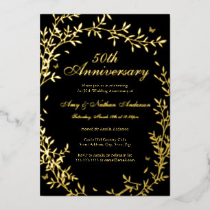 Invitation En Aluminium Noir Or Élégant Feuille 50e Anniversaire de Mariag