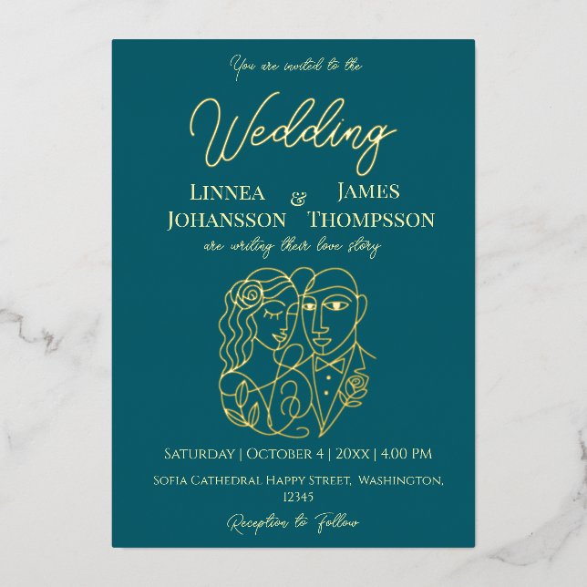 Invitation En Aluminium Noir Turquoise Or élégant Mariage moderne Couple (Recto)