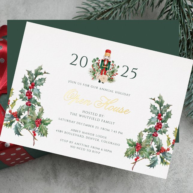Invitation En Aluminium Noisette de Noël Open House Holiday Gold (Christmas Nutcracker Open House Holiday Gold Foil Invitation)
