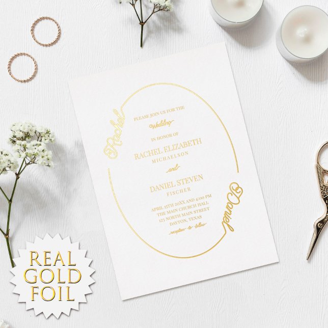 Invitation En Aluminium Nom blanc simple Mariage frontière ovale réel (Créateur téléchargé)