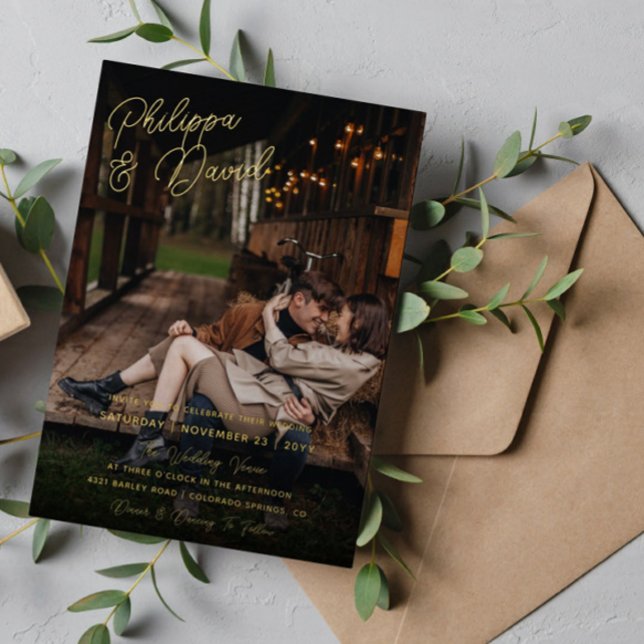 Invitation En Aluminium Noms Dans Gold Foil Script Photo Mariage (Créateur téléchargé)