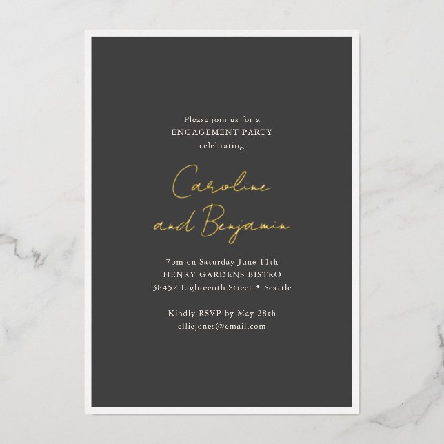 Invitation En Aluminium Noms de script doré pour fiançailles Soft Black Pa (Recto)