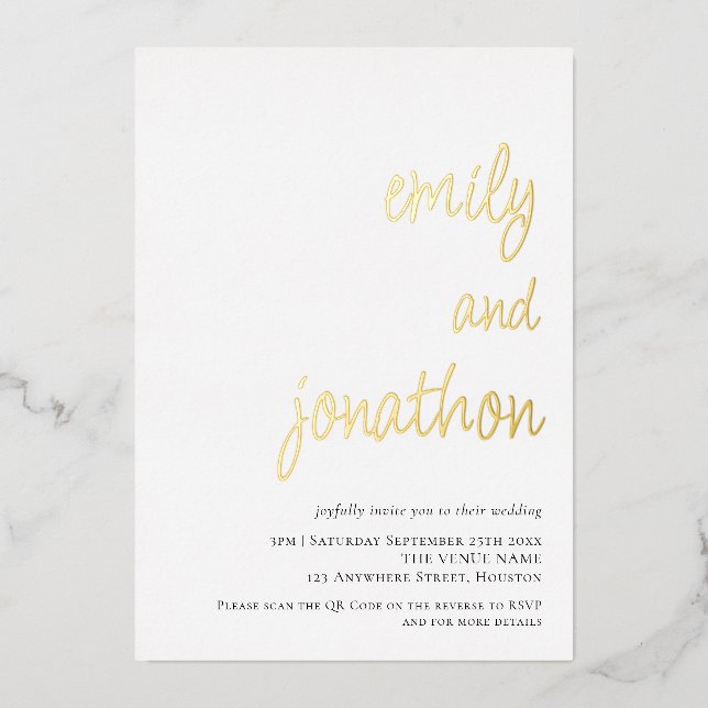 Invitation En Aluminium Noms de script glamour Code QR Mariage Luxe Réel (Recto)