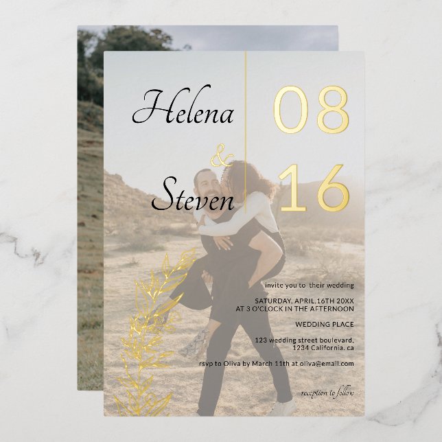 Invitation En Aluminium Noms floraux en gras noir blanc 2 photos mariage (Recto/Verso)