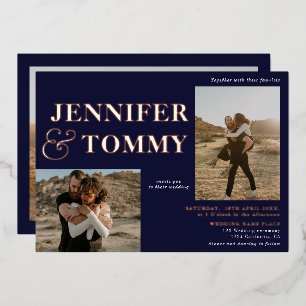 Invitation En Aluminium Noms gras bleu marine rose or 3 photos mariage