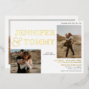 Invitation En Aluminium Noms gras noir blanc or 3 photos mariage