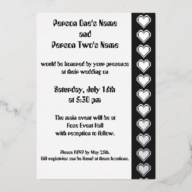 Invitation En Aluminium Nos Coeurs 8 bits dans l'Invitation Black Foil (Recto)