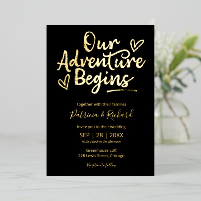 Invitation En Aluminium Notre Aventure Commence Mariage Chic Rustique (Debout devant)