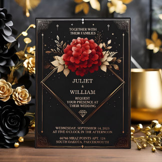 Invitation En Aluminium Notre jardin de roses diamant rouge noir et or mar