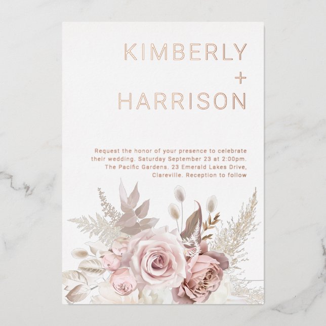 Invitation En Aluminium Notre merveilleux Mariage : or Rose et floral (Recto)