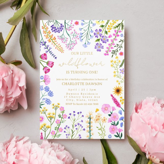 Invitation En Aluminium Notre Petite Fille Florale Fleur sauvage 1er anniv (Our Little Wildflower Floral First Girl Birthday Foil Invitation)