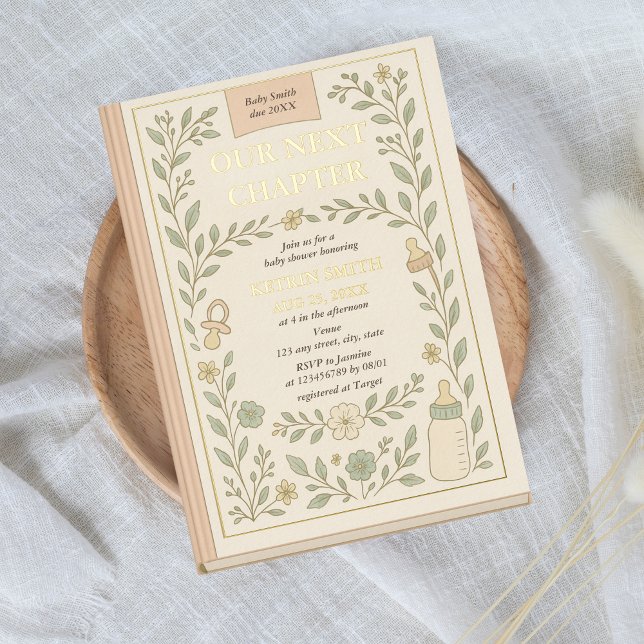 Invitation En Aluminium Notre prochain chapitre Storybook Novel Baby showe (A new chapter begins Gold Foil, Book Themed Baby Shower Invitation with Vintage Floral Details)