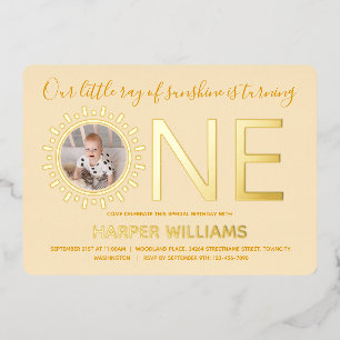 Invitation En Aluminium Notre Ray of Sunshine Gold Photo Baby 1er annivers