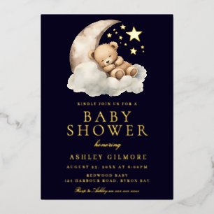 Invitation En Aluminium Nounours ours en peluche sur lune Baby Shower Or