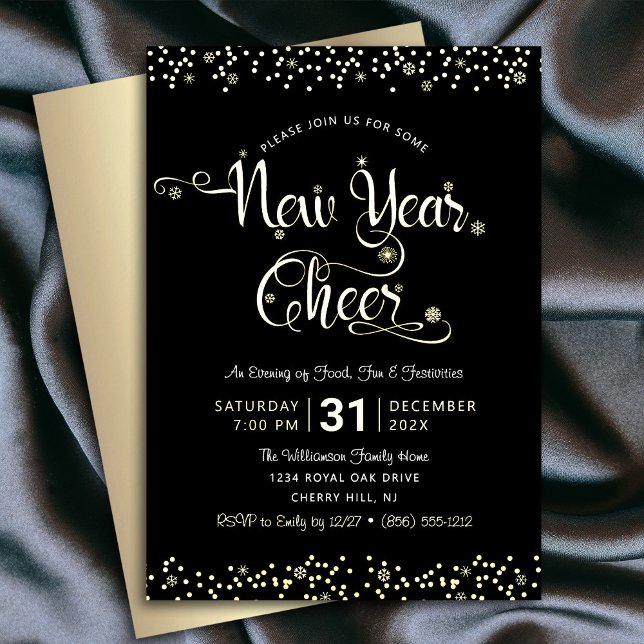 Invitation En Aluminium Nouvelle Année Script Party Chic Noir Or Réel (Créateur téléchargé)