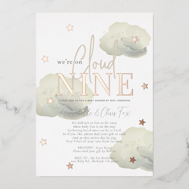 Invitation En Aluminium Nuage 9 nuages d'or Aquarelle Baby shower par cour (Recto)