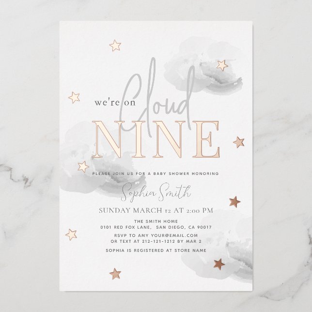 Invitation En Aluminium Nuage 9 nuages gris Baby shower d'aquarelle (Recto)