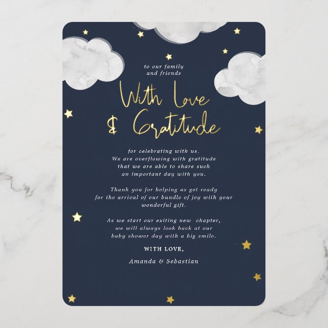 Invitation En Aluminium Nuages Baby shower bleu foncé Merci plat (Recto)