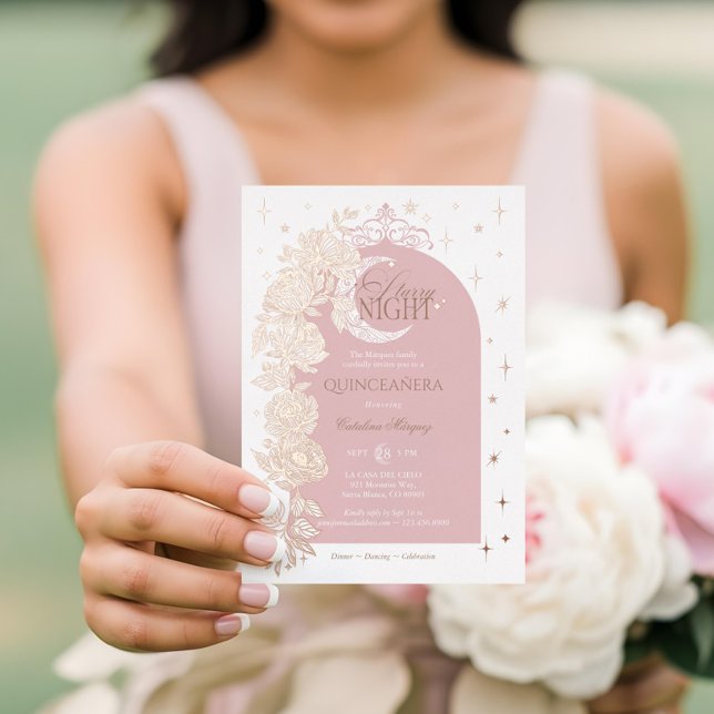 Invitation En Aluminium Nuit étoile Quinceanera Floral Céleste Lune (Starry Night Quinceanera Floral Celestial Moon Foil Invitation)