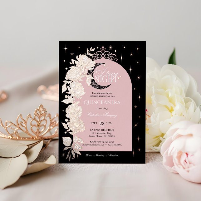 Invitation En Aluminium Nuit étoile Quinceanera Floral Céleste Lune (Starry Night Quinceanera Floral Celestial Moon Foil Invitation)