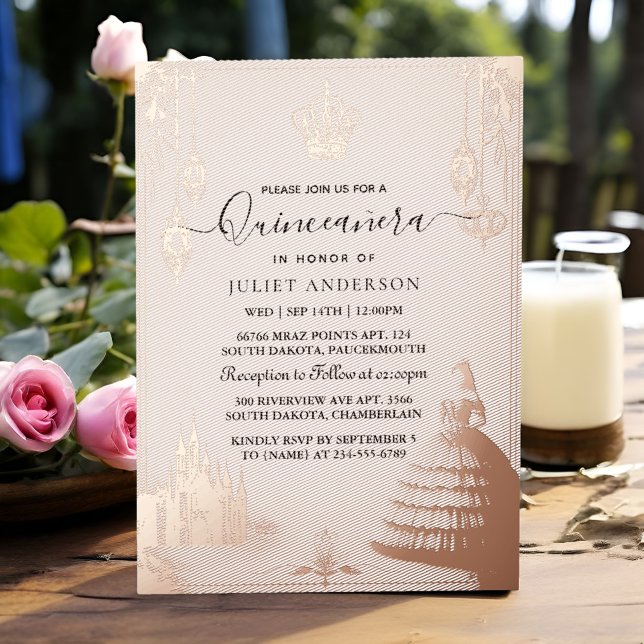 Invitation En Aluminium Obtenez Pastel Font Dusty Glam Rose Gold Quinceane (Créateur téléchargé)