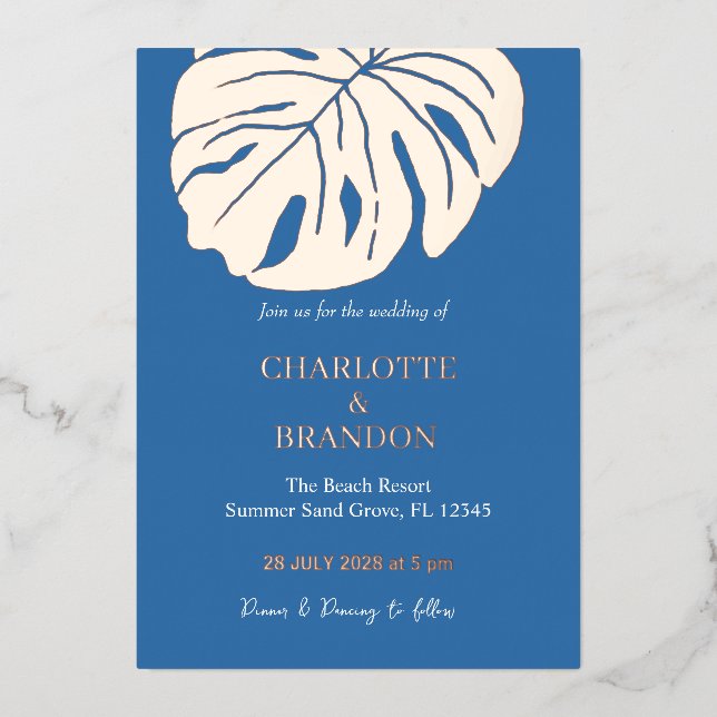 Invitation En Aluminium Océan Bleu Tropical Monstera Mariage feuille (Recto)
