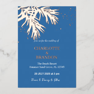 Invitation En Aluminium Ocean Blue Tropical Palm Feuille Mariage Gold