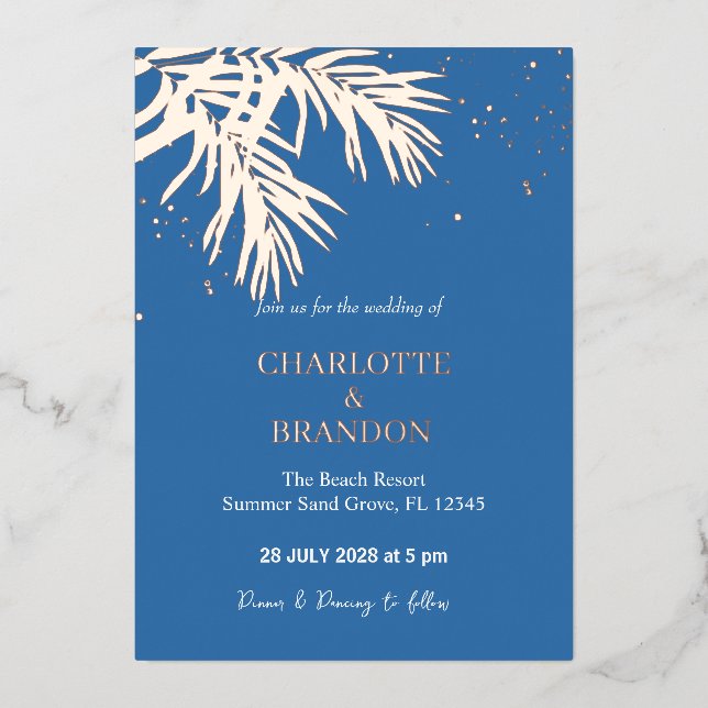 Invitation En Aluminium Ocean Blue Tropical Palm Feuille Mariage Gold (Recto)