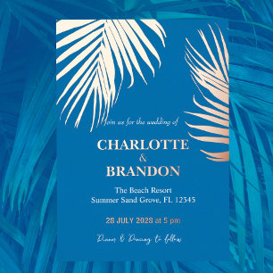Invitation En Aluminium Ocean Blue Tropical Palm Leaf Mariage Gold